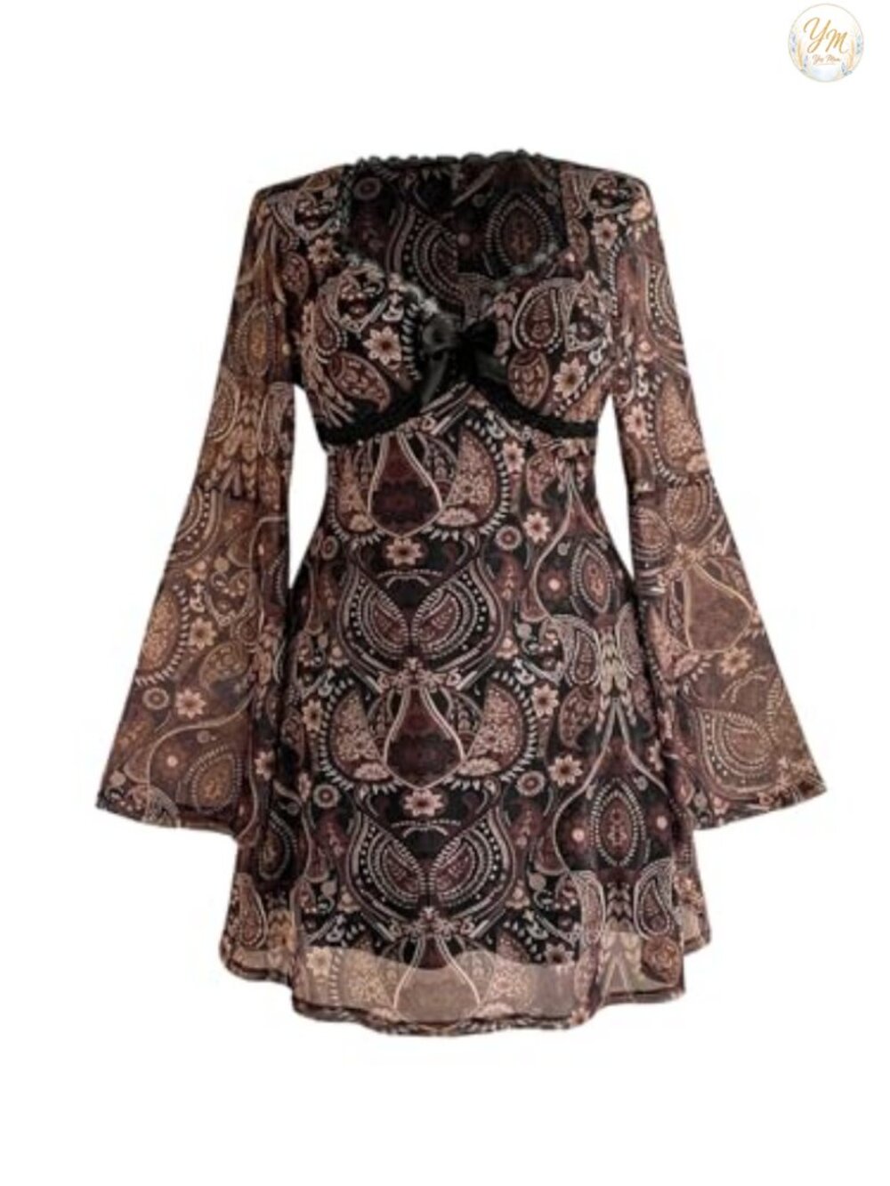 Plus Size Boho Lace Mini Dress Paisley Sweetheart Neck Long Sleeve